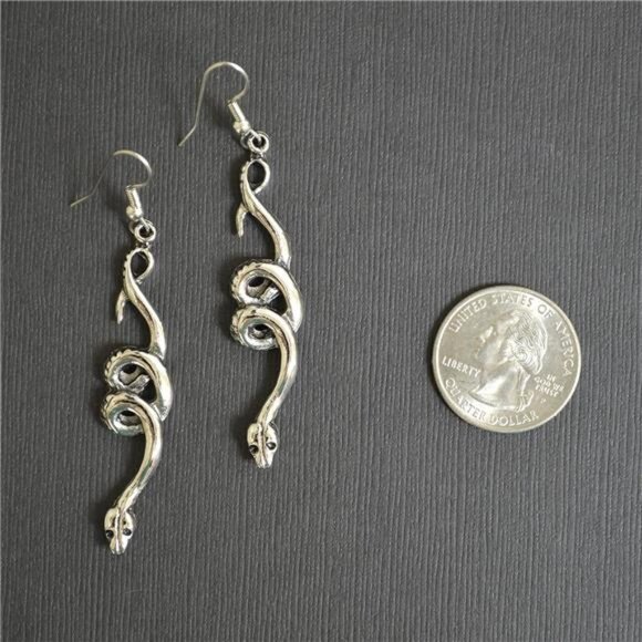 Silver Pewter Coiled Snake Dangle Earrings Serpent Design Hypoallergenic Jewelry - Picture 7 of 8